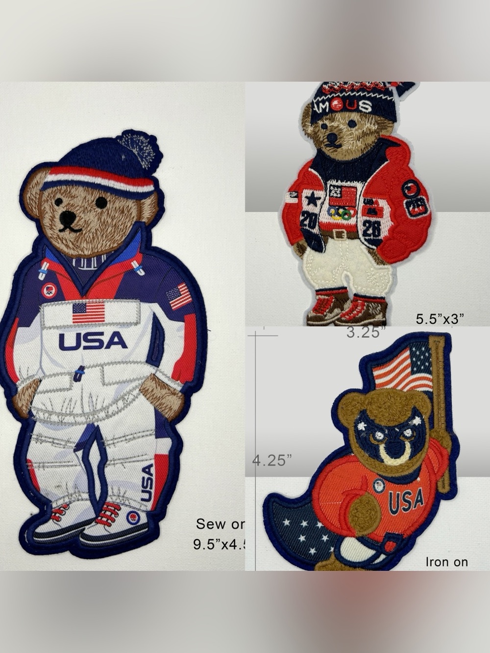 Polo Ralph Lauren USA Bear Embroidered Patch - Red, White & Blue lot of 3